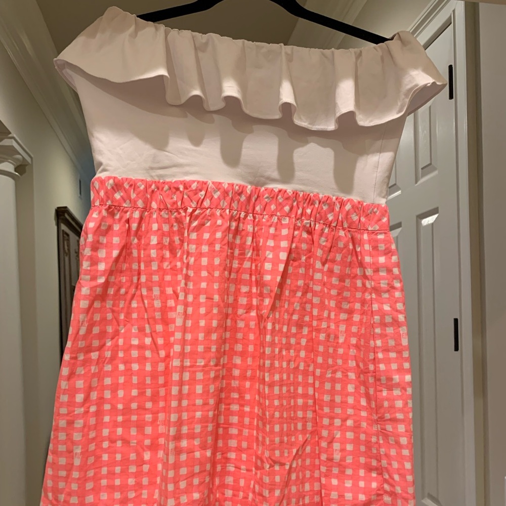 Lily dress in pink and white check with ruffle